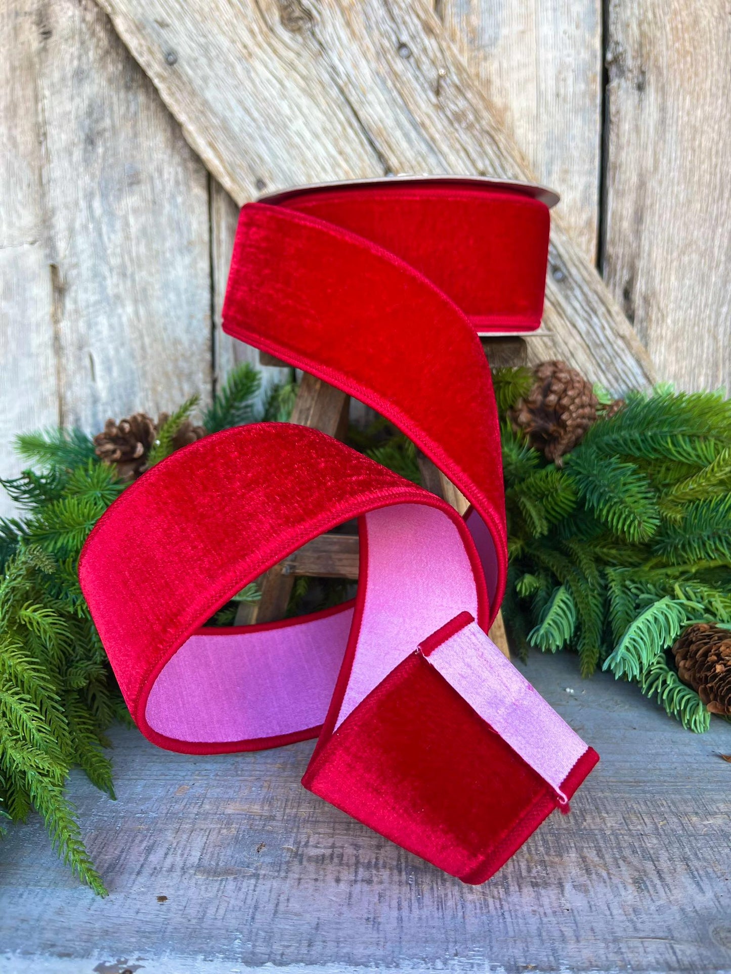 2.5" Red Pink Velvet Ribbon, Farrisilk Ribbon, Wired Ribbon