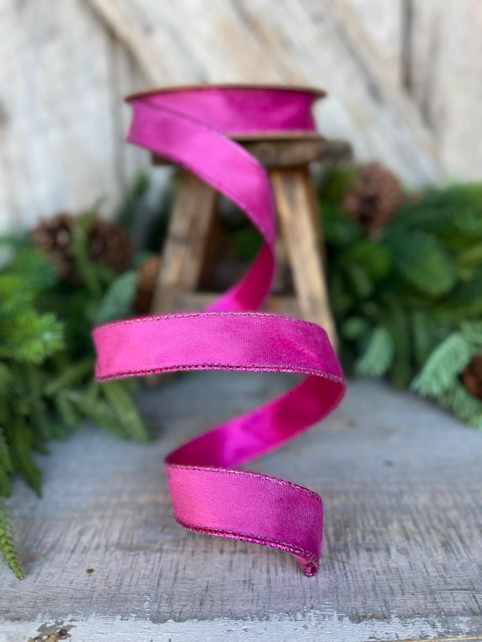 1" Hot Pink Velvet Ribbon, Wired Ribbon, Christmas Ribbon