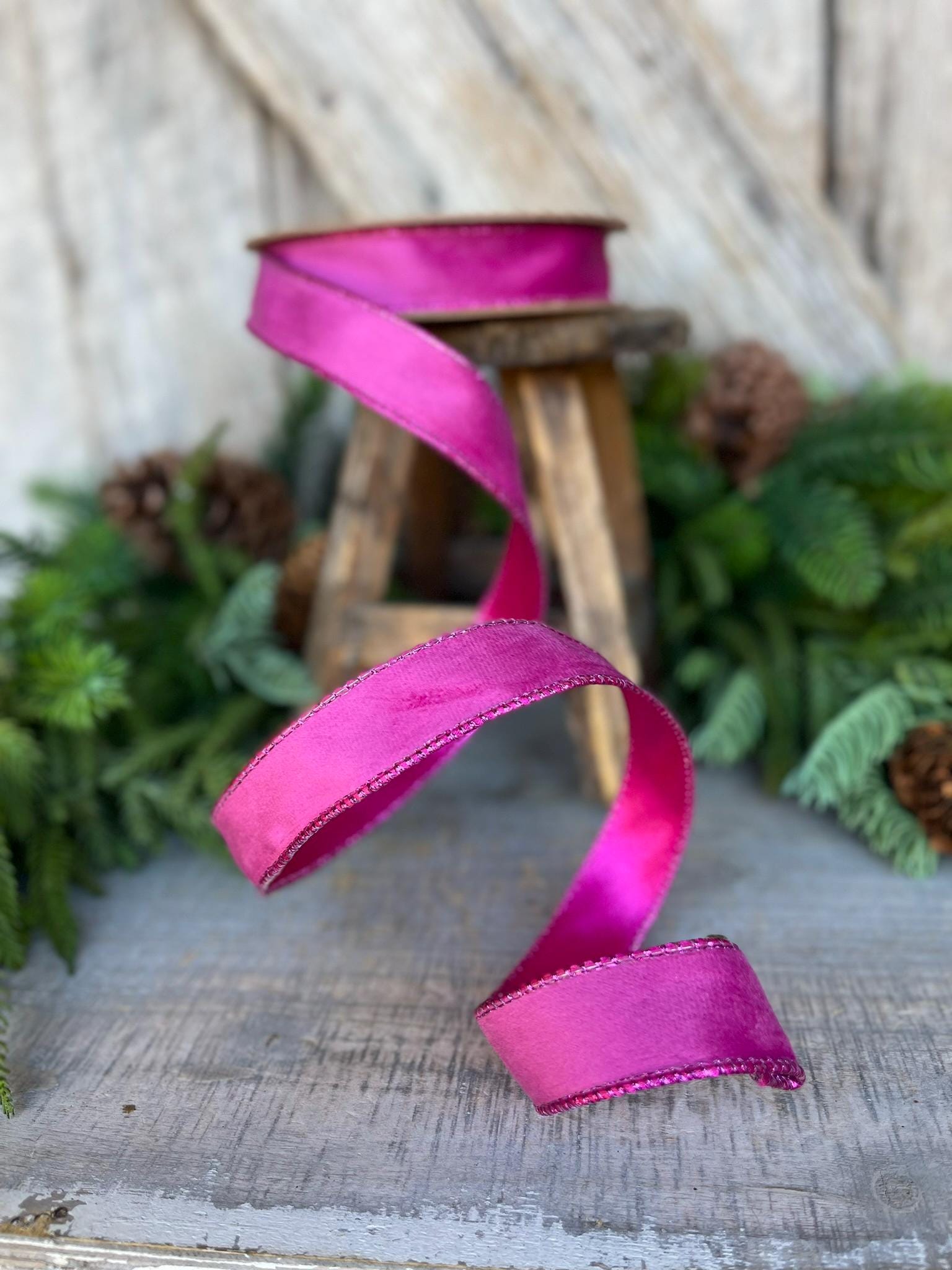 1" Hot Pink Velvet Ribbon, Wired Ribbon, Christmas Ribbon