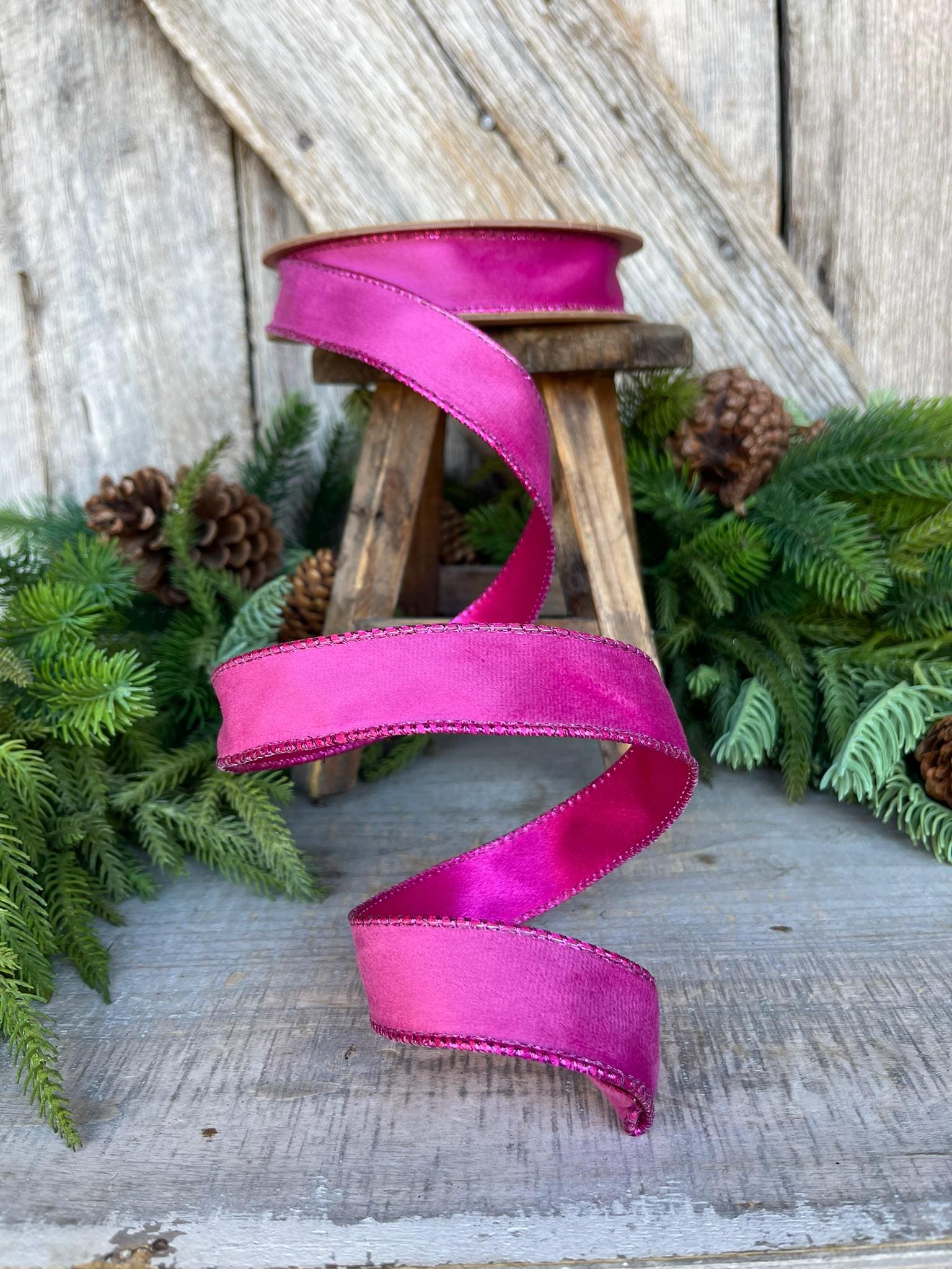1" Hot Pink Velvet Ribbon, Wired Ribbon, Christmas Ribbon