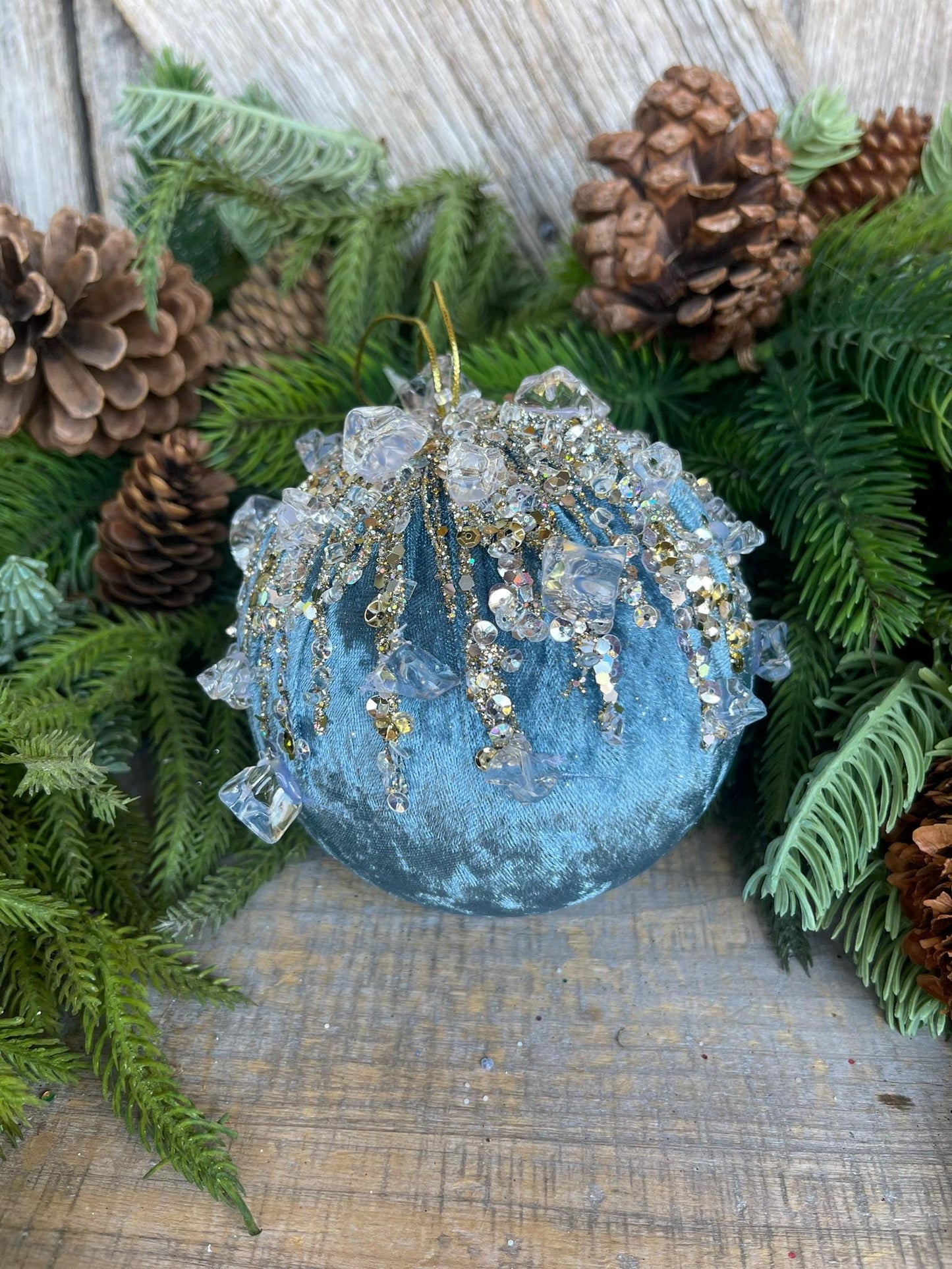 5" Steel Blue Velvet Ornament, Blue Ornament, Jeweled Ornament