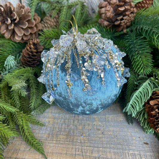 5" Steel Blue Velvet Ornament, Blue Ornament, Jeweled Ornament