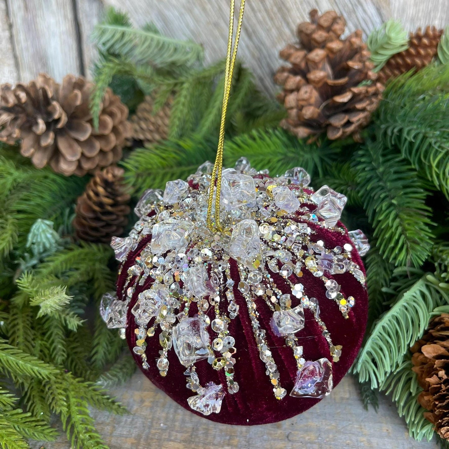 5" Burgundy Velvet Ornament, Burgundy Ornament, Jeweled Velvet Ornament