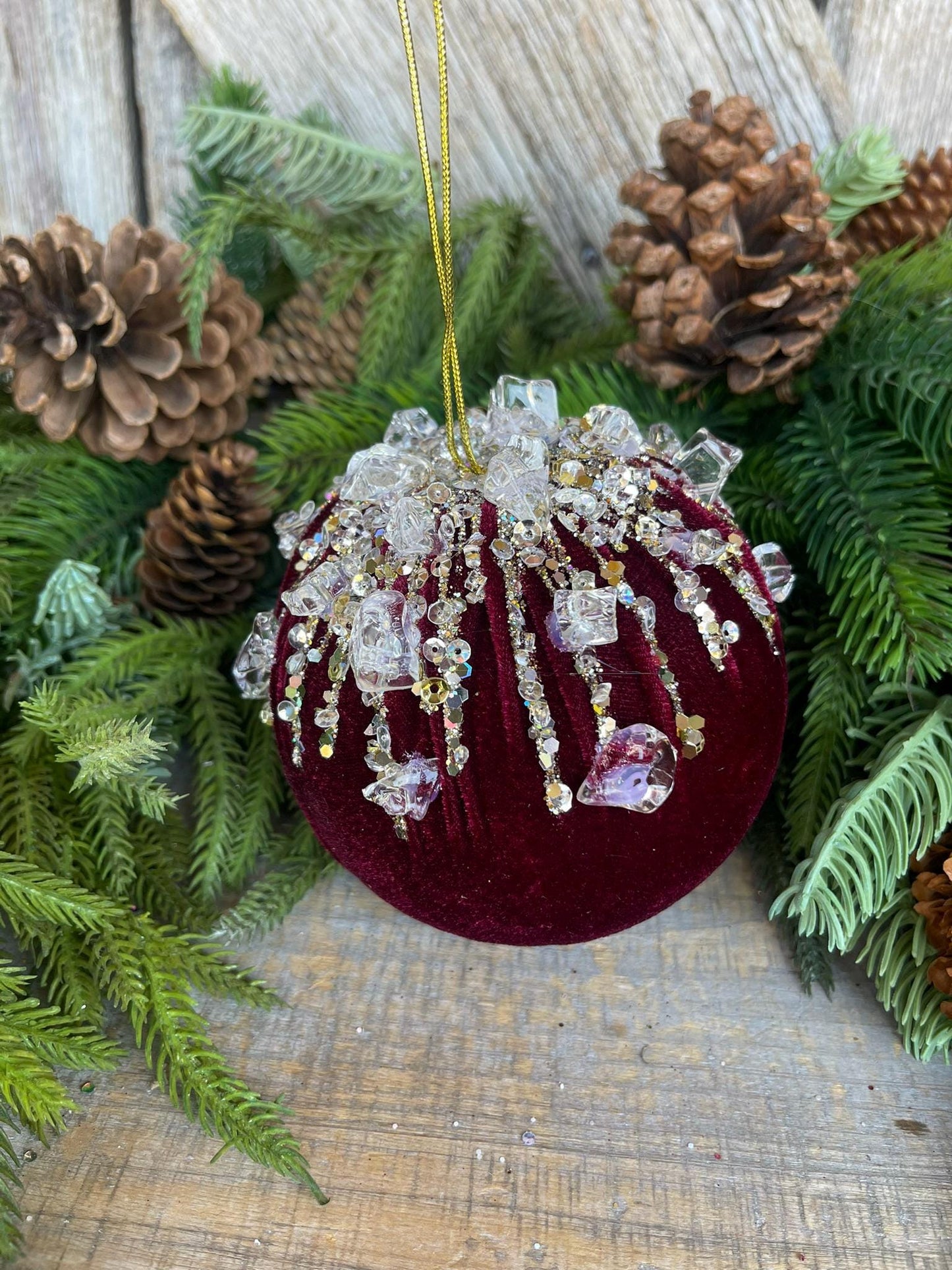 5" Burgundy Velvet Ornament, Burgundy Ornament, Jeweled Velvet Ornament
