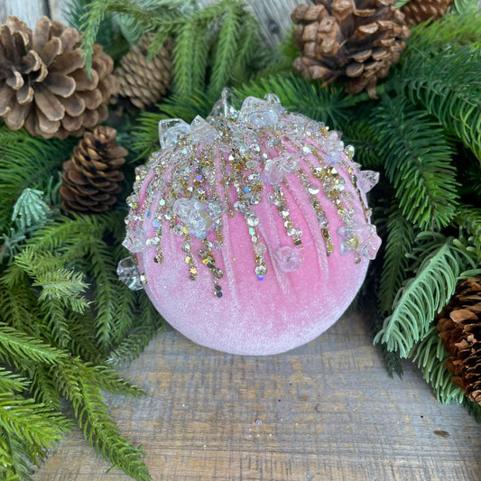 5" Light Pink Velvet Ornament, Pink Ornament, Jeweled Velvet Ornament
