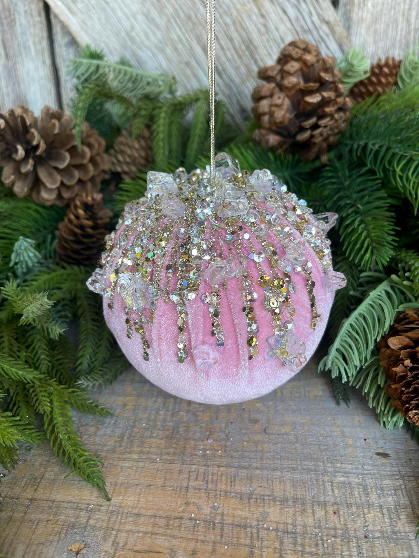 5" Light Pink Velvet Ornament, Pink Ornament, Jeweled Velvet Ornament