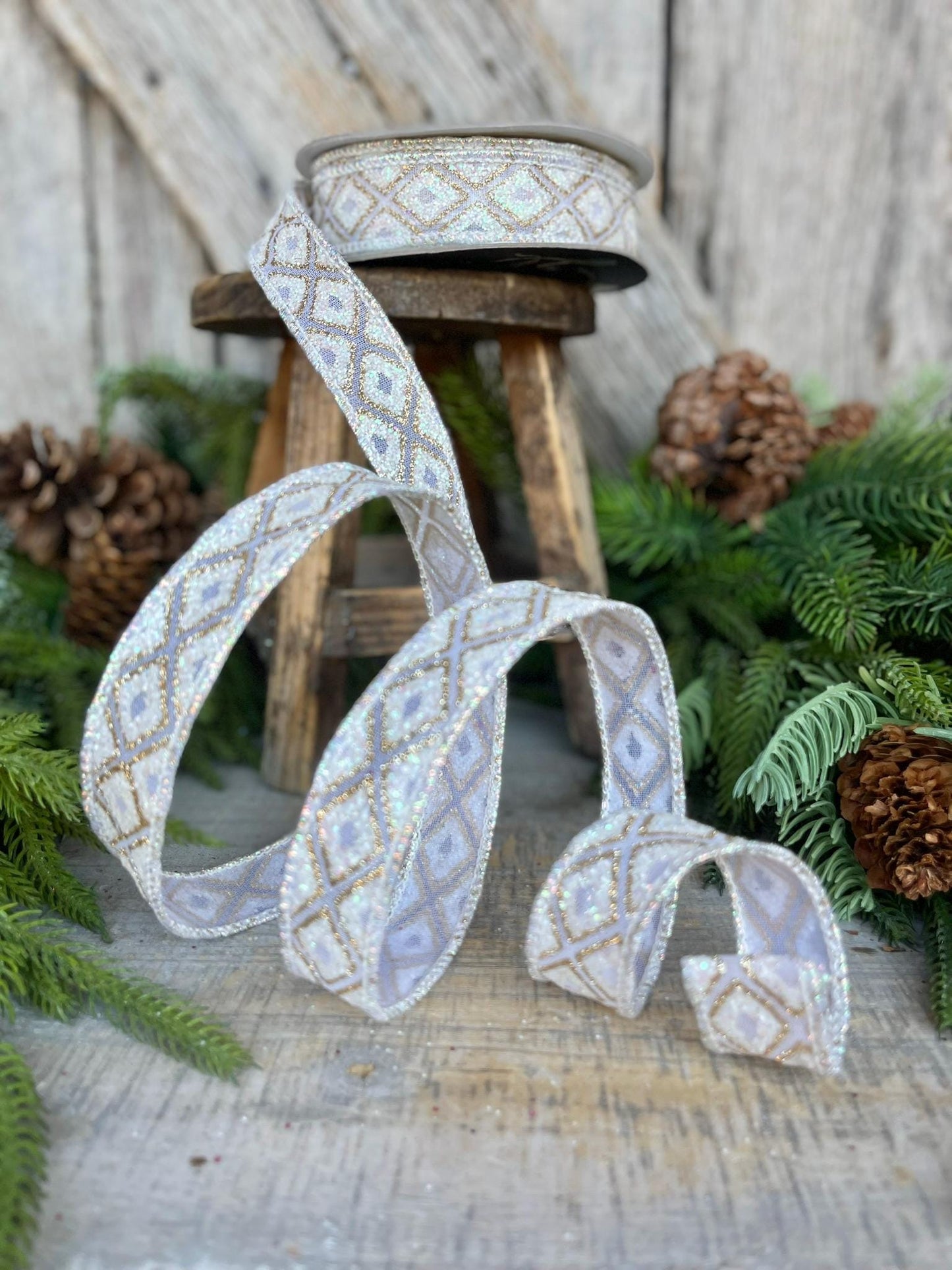 1" White Iridescent Marquise Ribbon, Farrisilk Ribbon