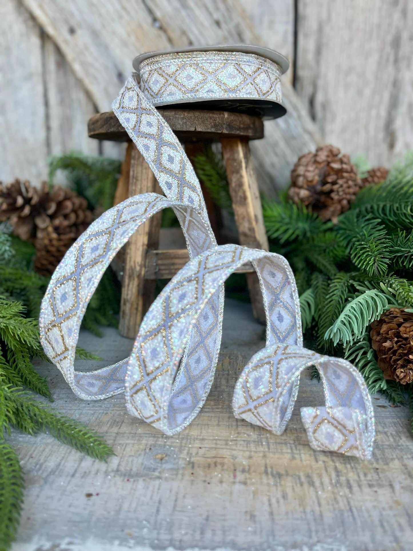 1" White Iridescent Marquise Ribbon, Farrisilk Ribbon