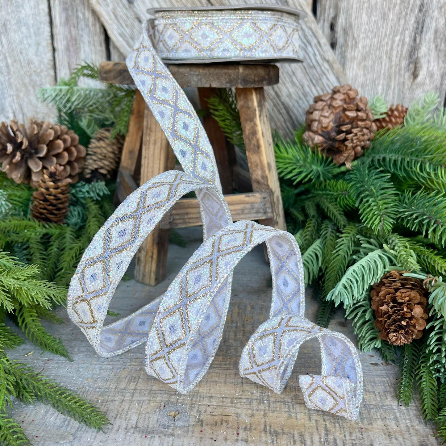 1" White Iridescent Marquise Ribbon, Farrisilk Ribbon