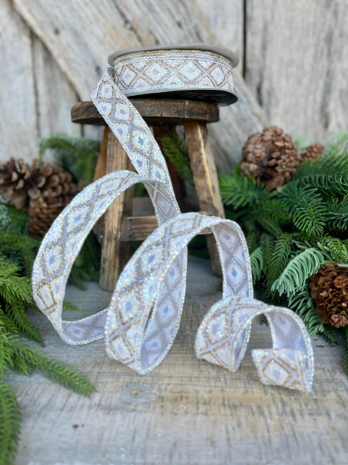 1" White Iridescent Marquise Ribbon, Farrisilk Ribbon