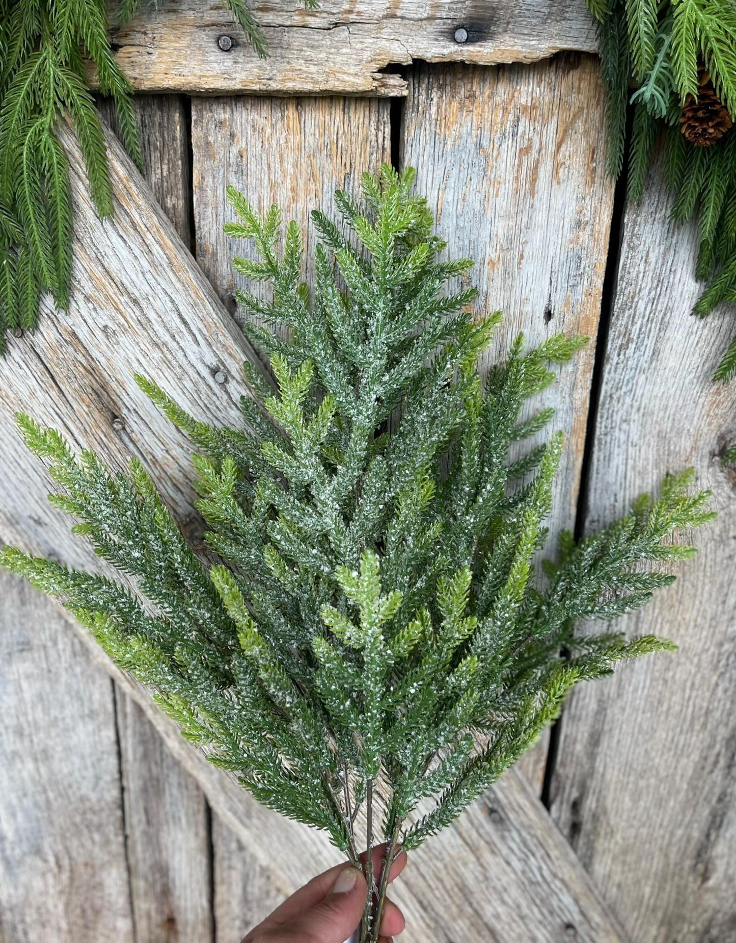 21" Norfolk Iced Pine Spray, Real Touch Norfold Pine, Artificial Pine Spray