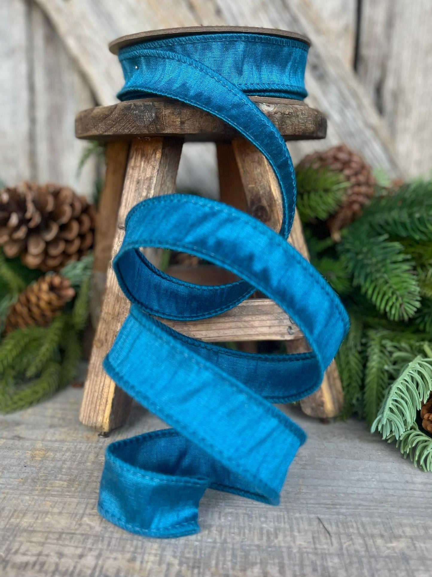 1" Turquoise Dupion Ribbon, wired ribbon, Christmas Ribbon