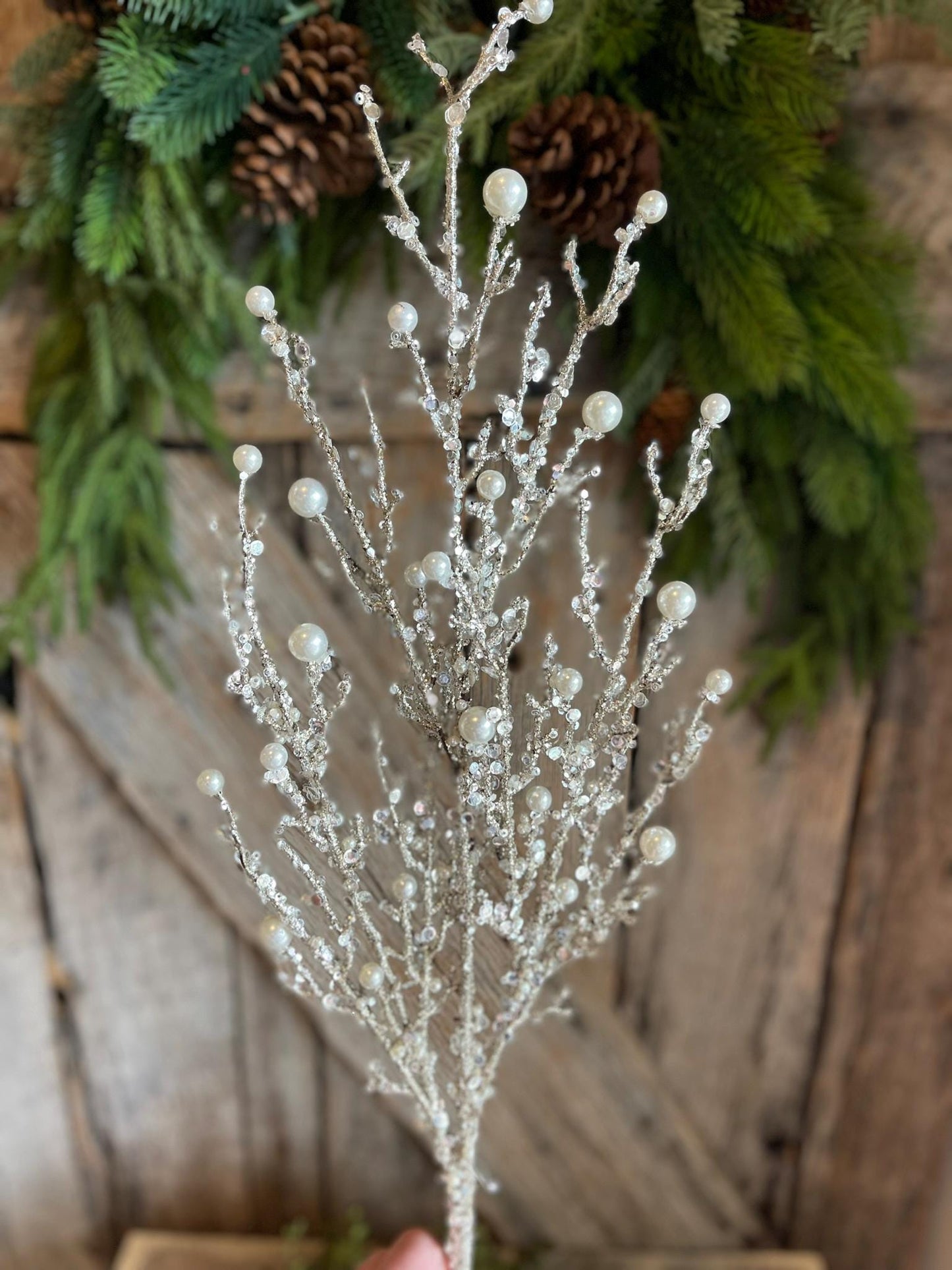 33" Iced Twig Pearl Spray, Christmas Tree Picks & Stems, Christmas Tree Spray