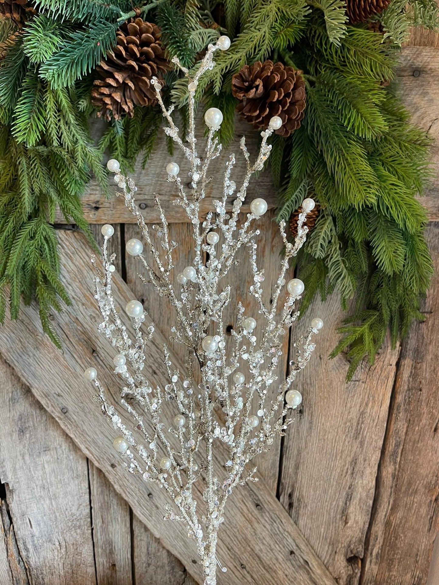 33" Iced Twig Pearl Spray, Christmas Tree Picks & Stems, Christmas Tree Spray