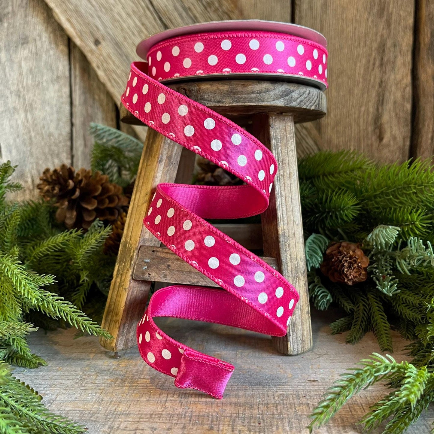 1" Hot Pink Mini Dots, Farrisilk Ribbon, Wired Ribbon,Hot Pink Polka Dot RIbbon