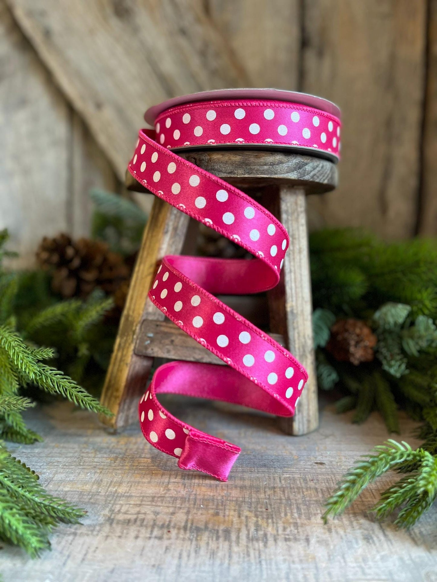 1" Hot Pink Mini Dots, Farrisilk Ribbon, Wired Ribbon,Hot Pink Polka Dot RIbbon