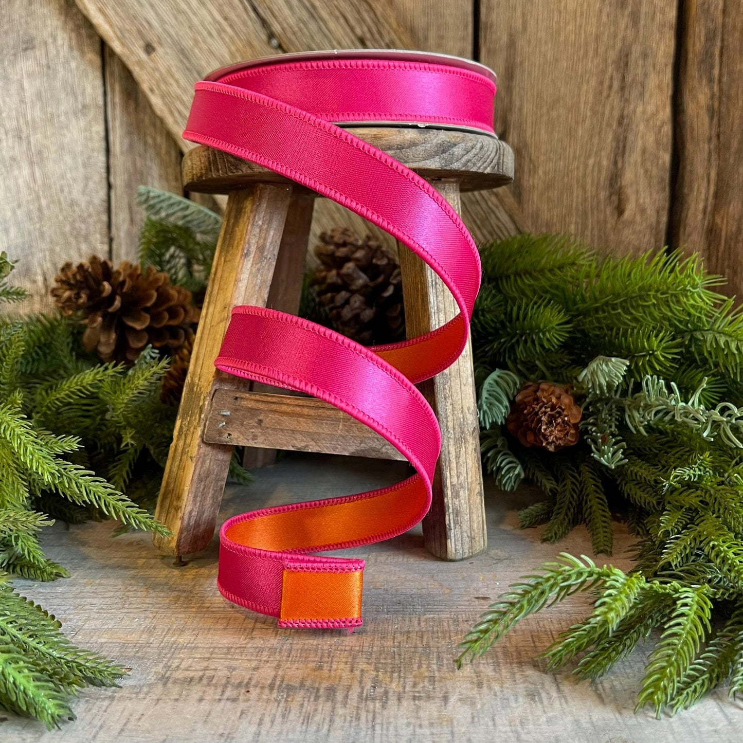 1" Pink Orange Satin Ribbon, Farrisilk Ribbon, Wired Ribbon