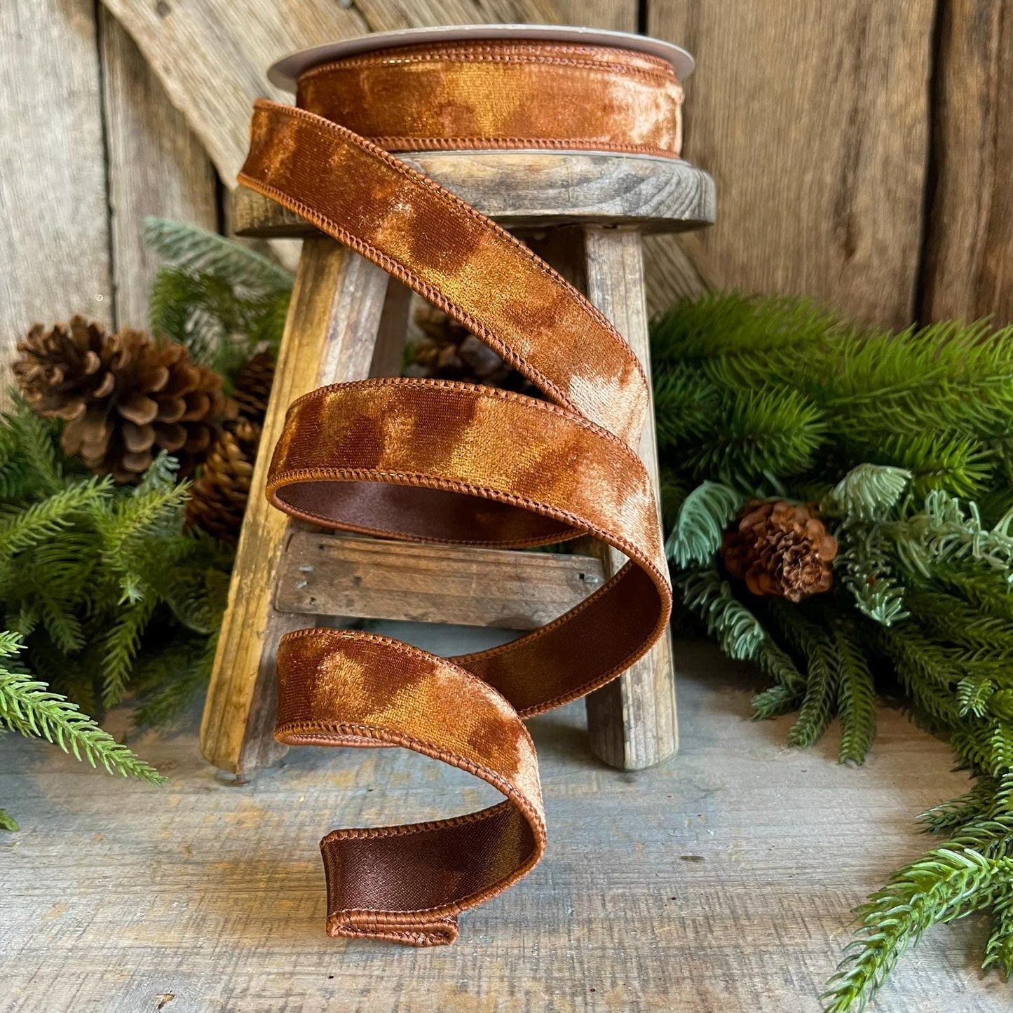 1” Pecan Brown Silken Velvet Ribbon, Farrisilk ribbon