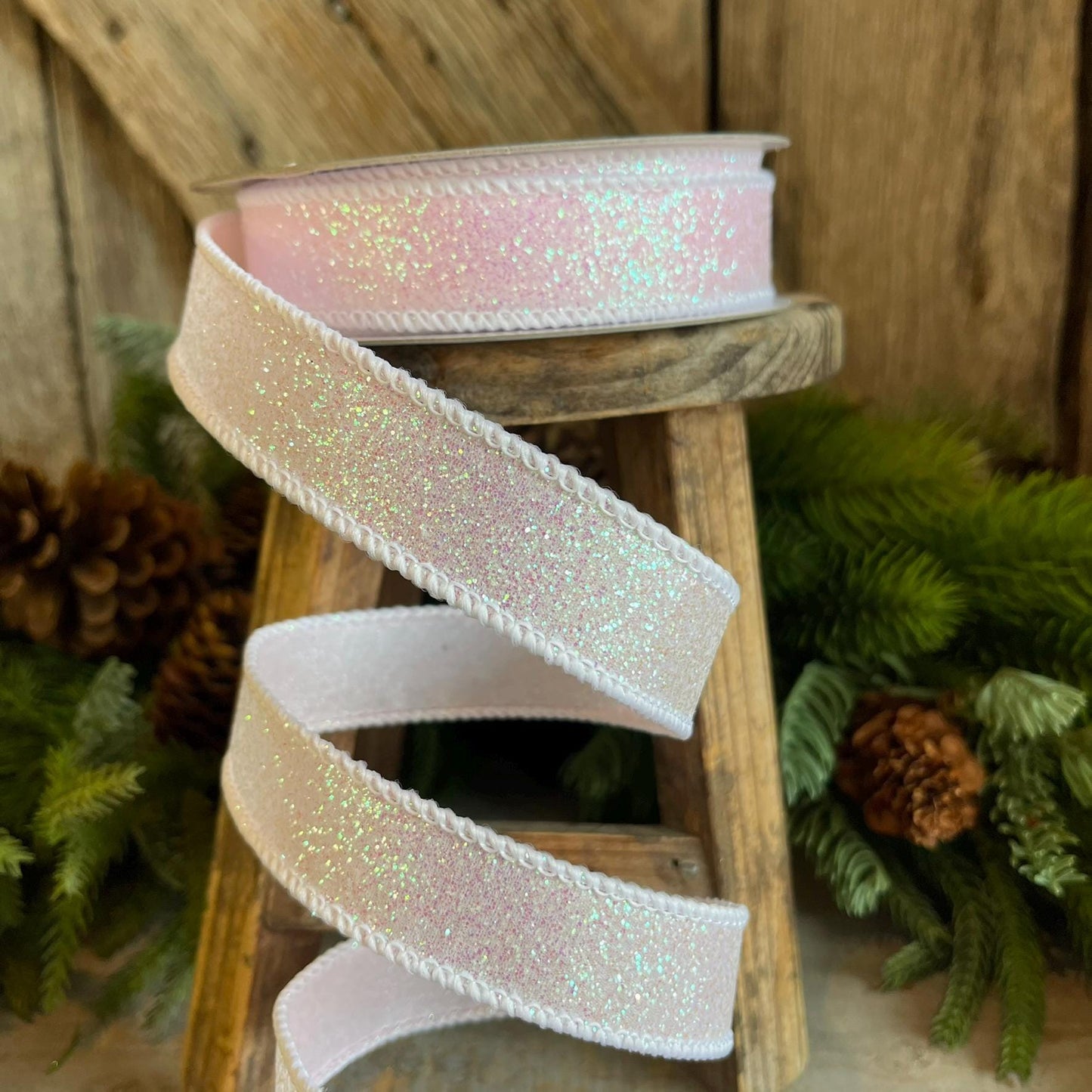 1" White Iridescent Sugar Frost Ribbon, Farrisilk Ribbon, White Glitter Ribbon