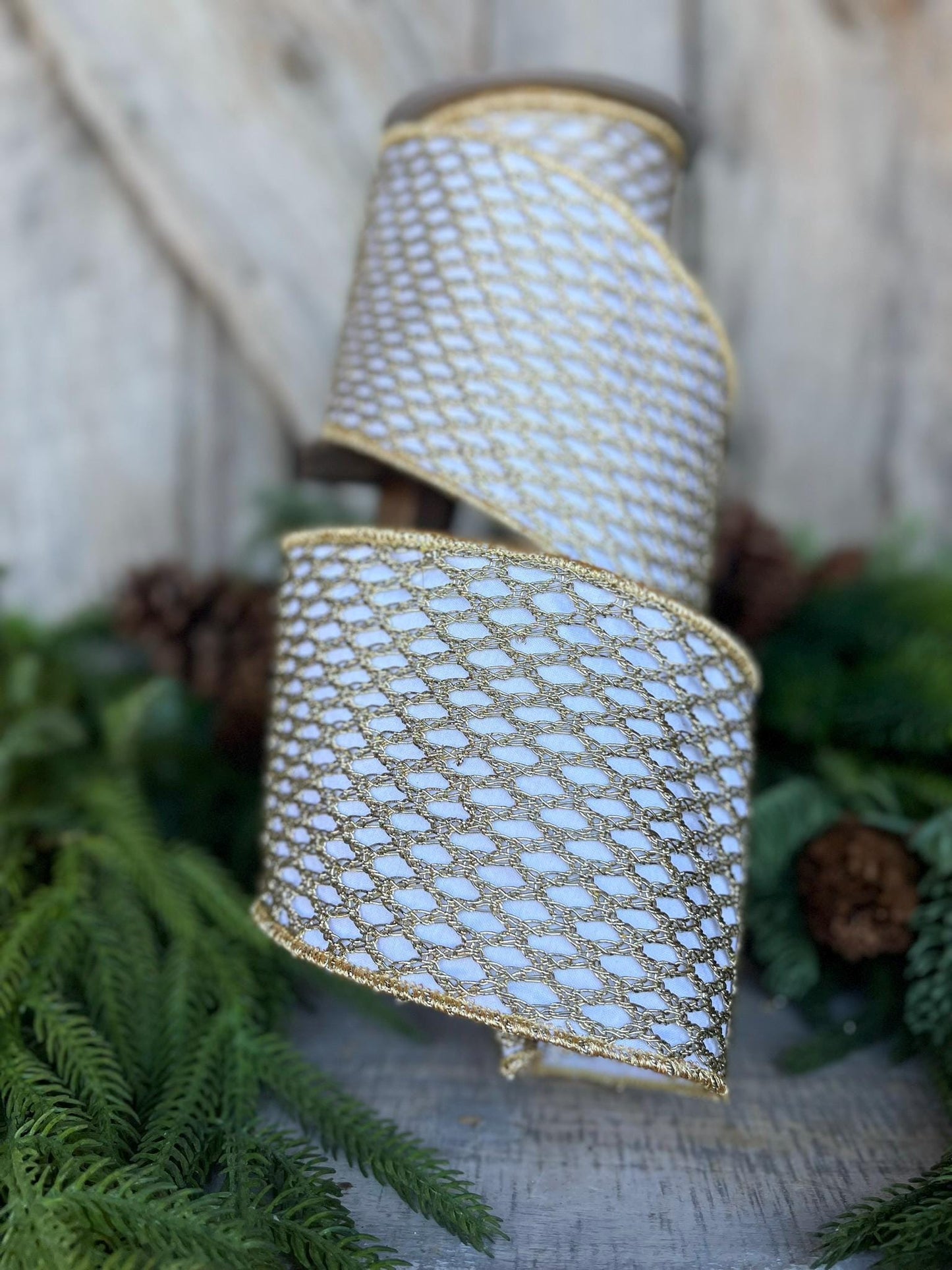 4" White Gold Ribbon, Farrisilk Ribbon, Gold lattice ribbon