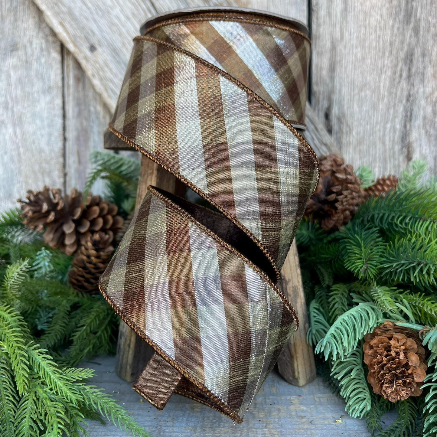 2.5" Platinum Bronze Metallic Checks, Farrisilk Ribbon