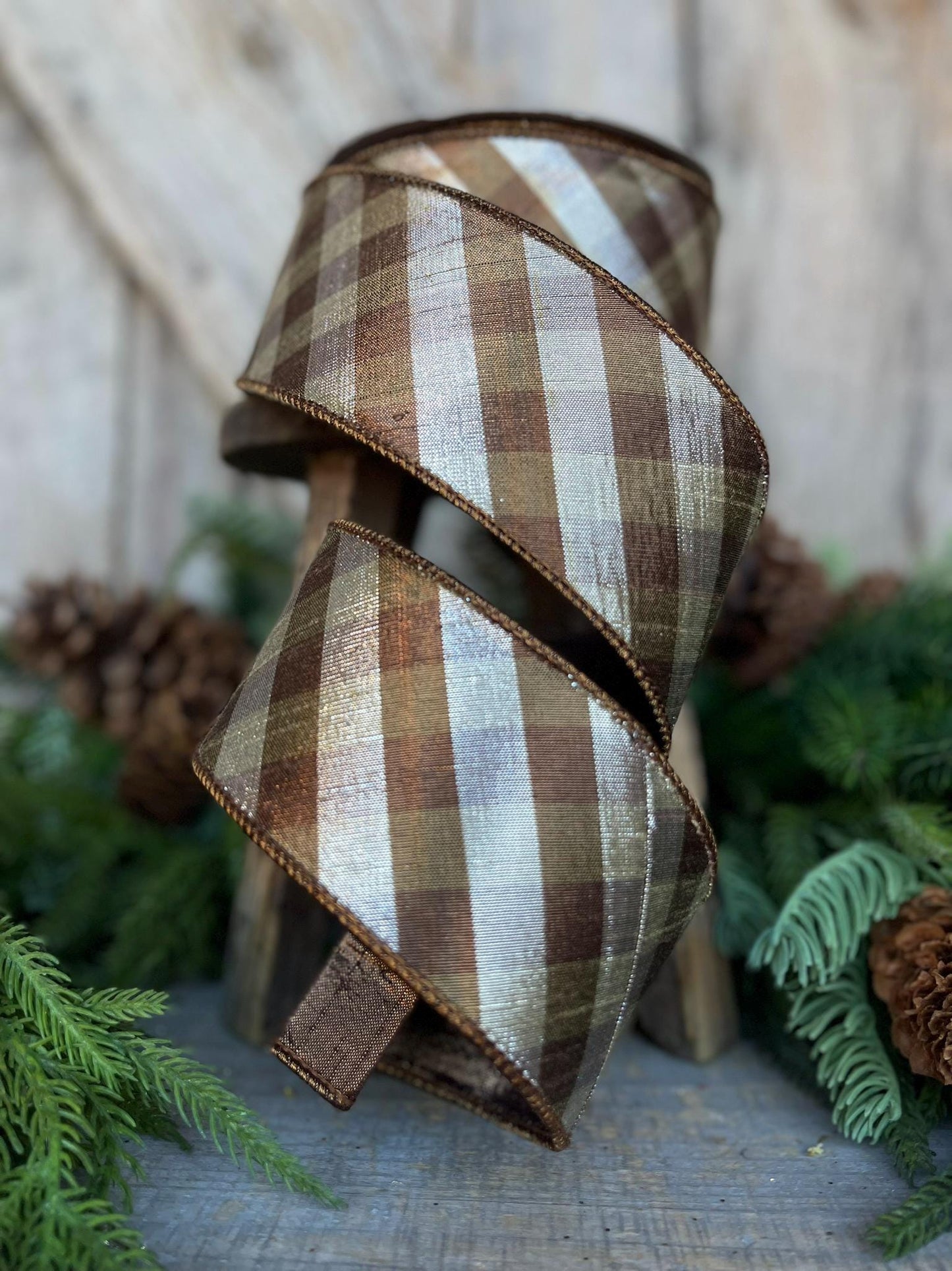 2.5" Platinum Bronze Metallic Checks, Farrisilk Ribbon, Fall Ribbon