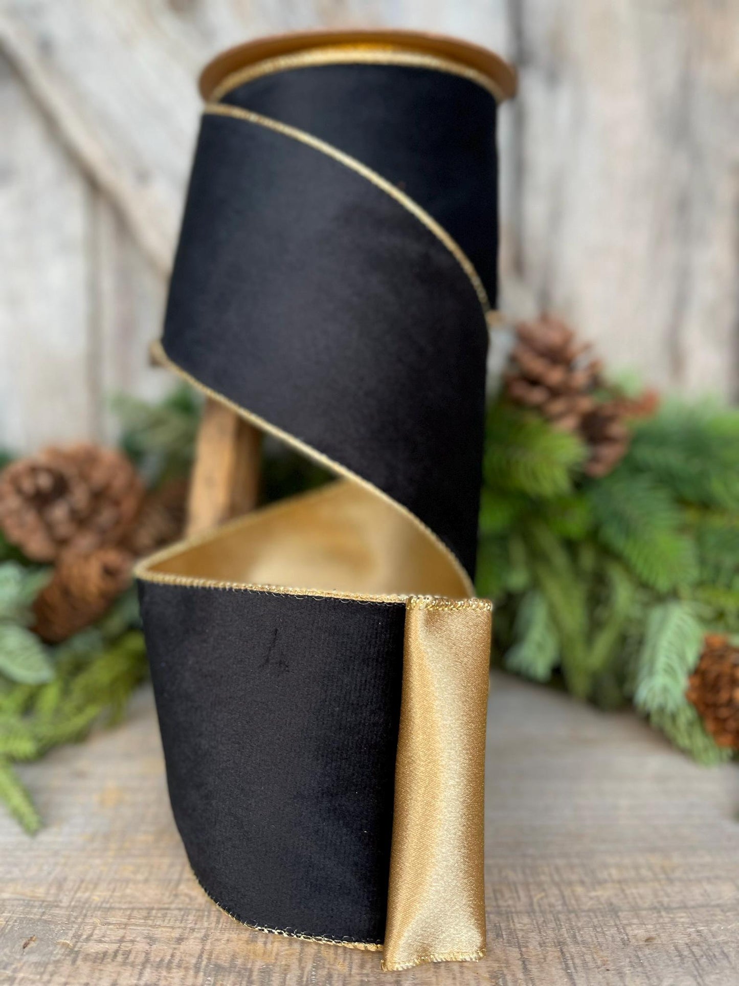 4" Black Velvet Ribbon, Wired RIbbon, Black Gold Velvet Ribbon