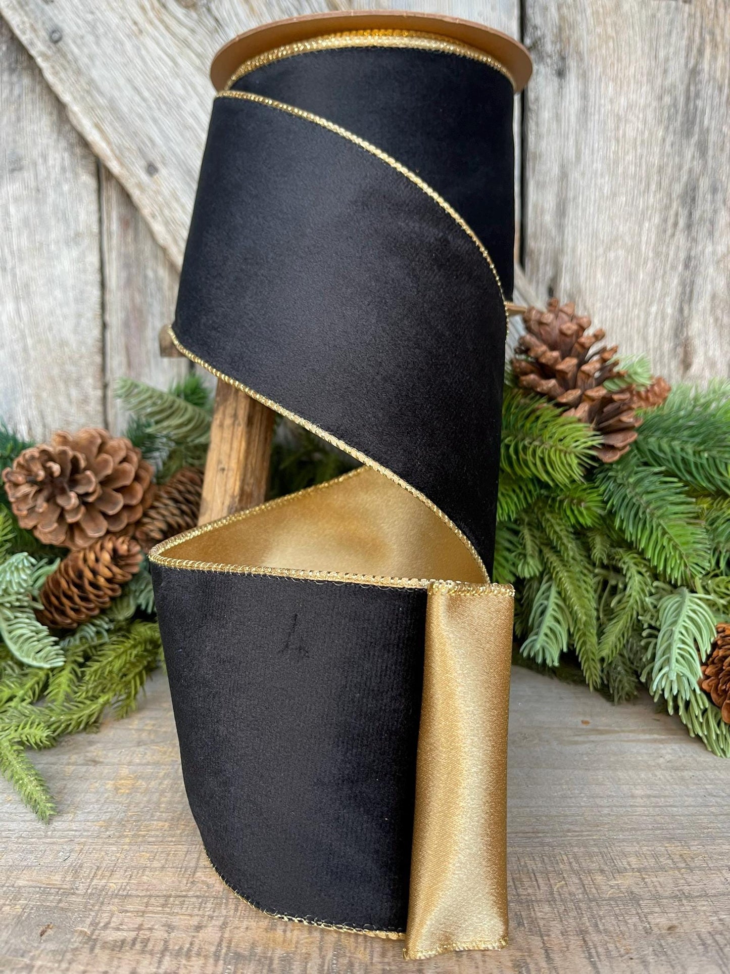 4" Black Velvet Ribbon, Wired RIbbon, Black Gold Velvet Ribbon