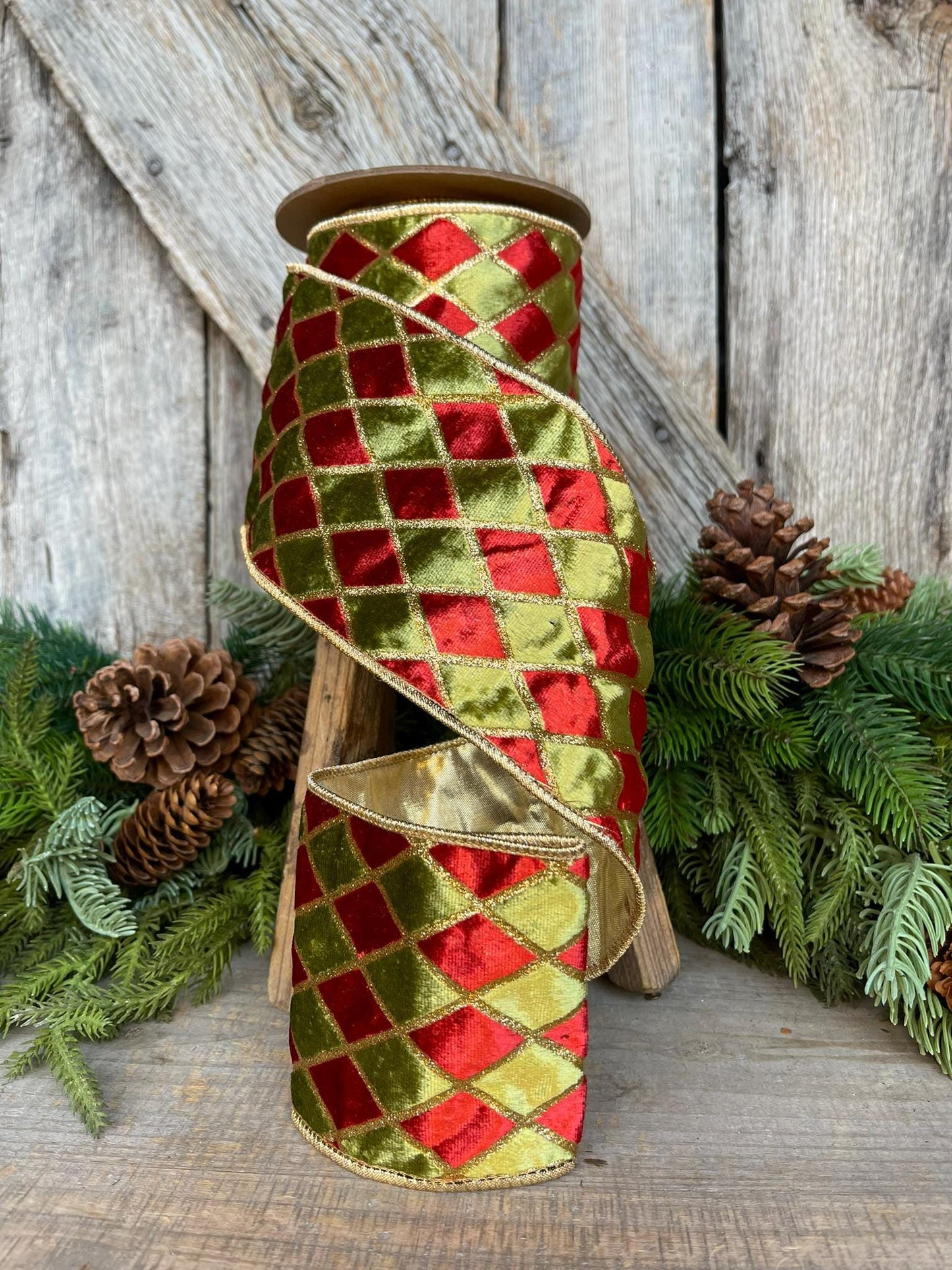 4" Red and Green Harlequin Velvet Ribbon, Christmas Ribbon