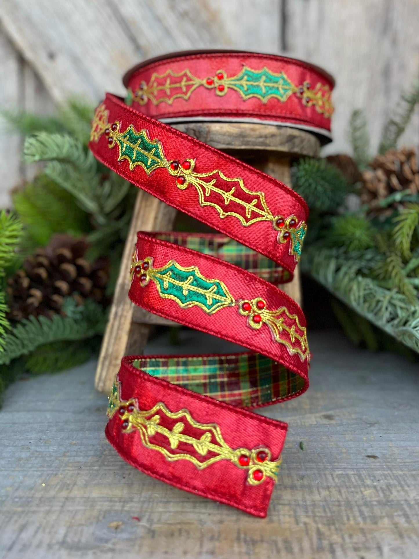 1.5" Red Holly Leaf Ribbon, Farrisilk RIbbon