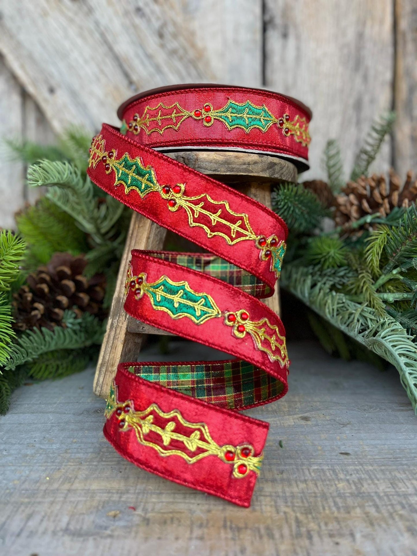 1.5" Red Holly Leaf Ribbon, Farrisilk RIbbon