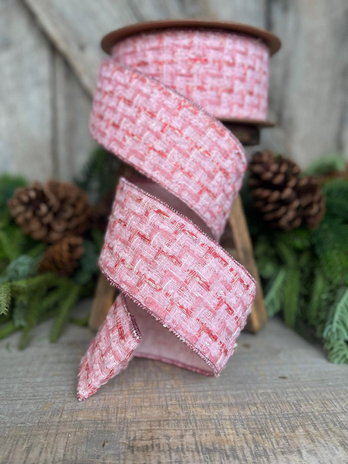 2.5" Pink Tweed Ribbon, Pink Christmas Ribbon, Designer Ribbon