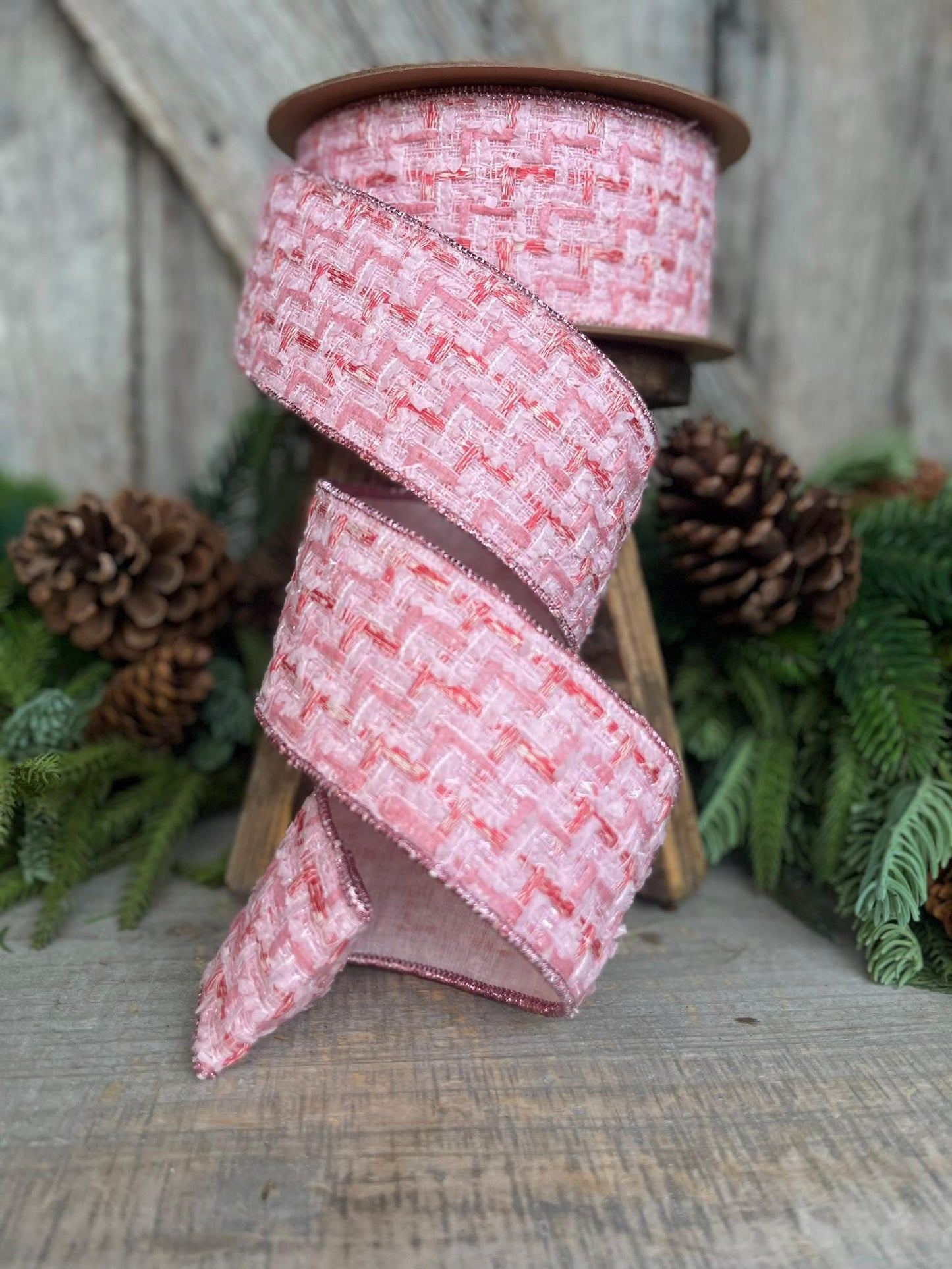 2.5" Pink Tweed Ribbon, Pink Christmas Ribbon, Designer Ribbon