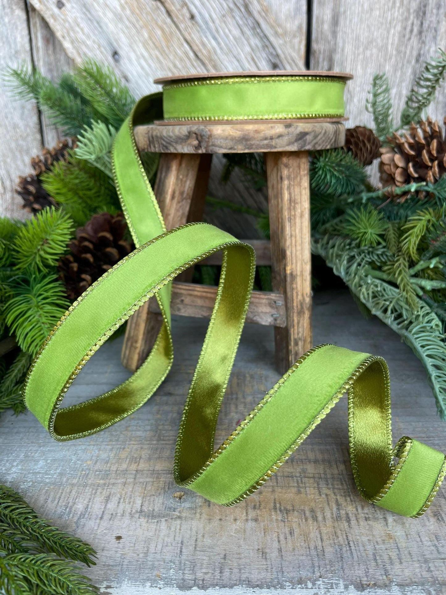 1" Lime Green Velvet Ribbon, Lime Green Velvet Ribbon, Christmas RIbbon