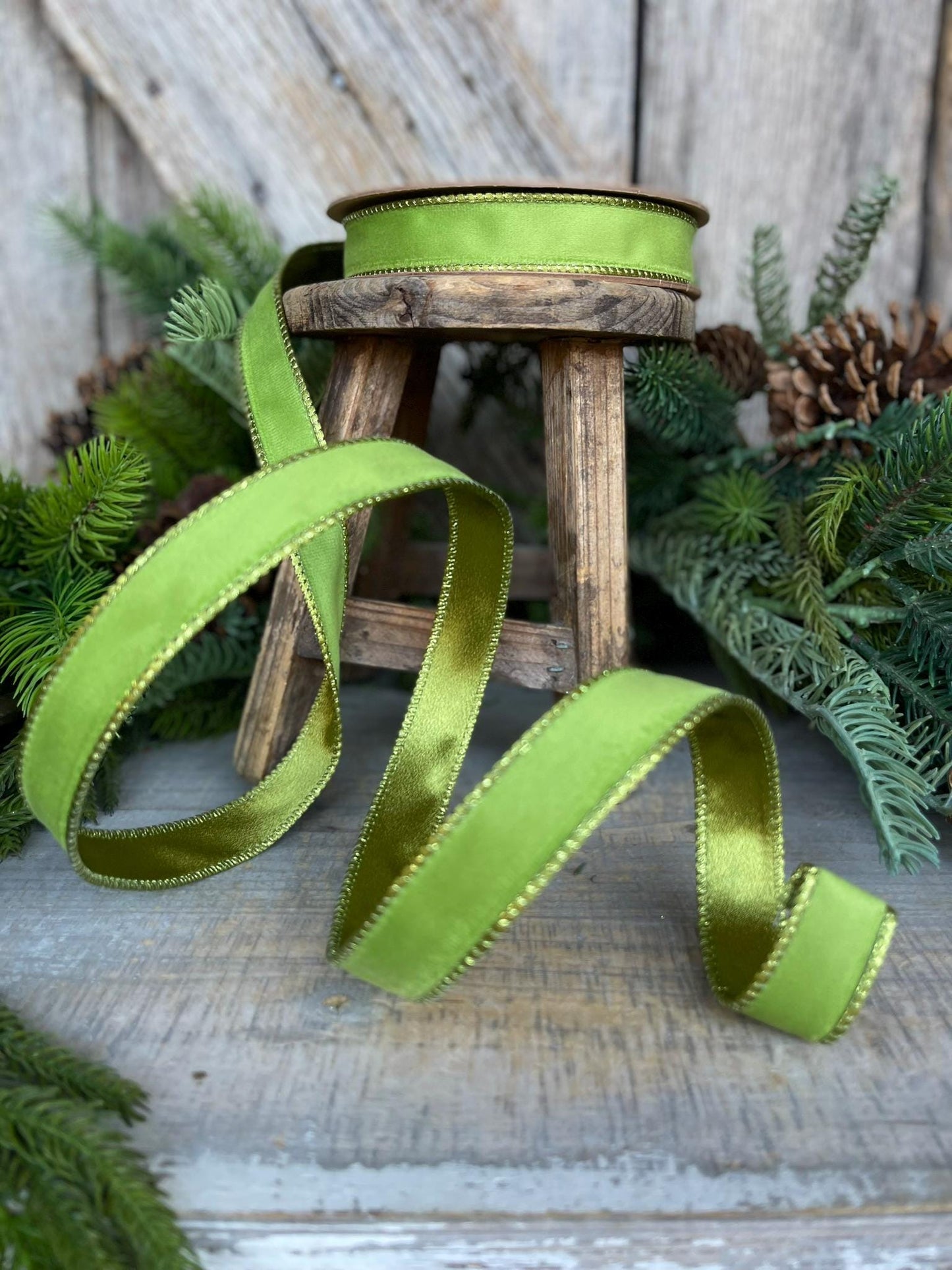 1" Lime Green Velvet Ribbon, Lime Green Velvet Ribbon, Christmas RIbbon