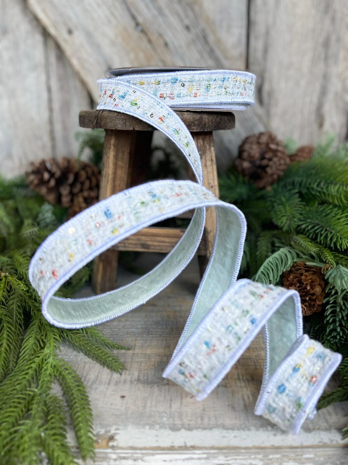 1" White Confetti Tweed Ribbon, Farrisilk Ribbon, Christmas Ribbon