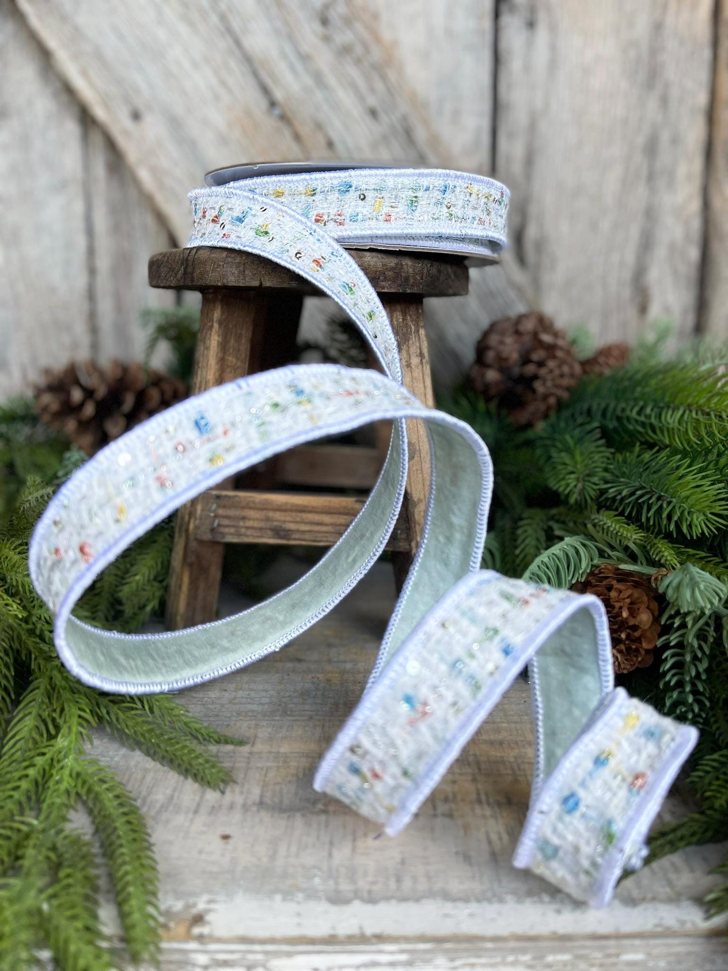 1" White Confetti Tweed Ribbon, Farrisilk Ribbon, Christmas Ribbon