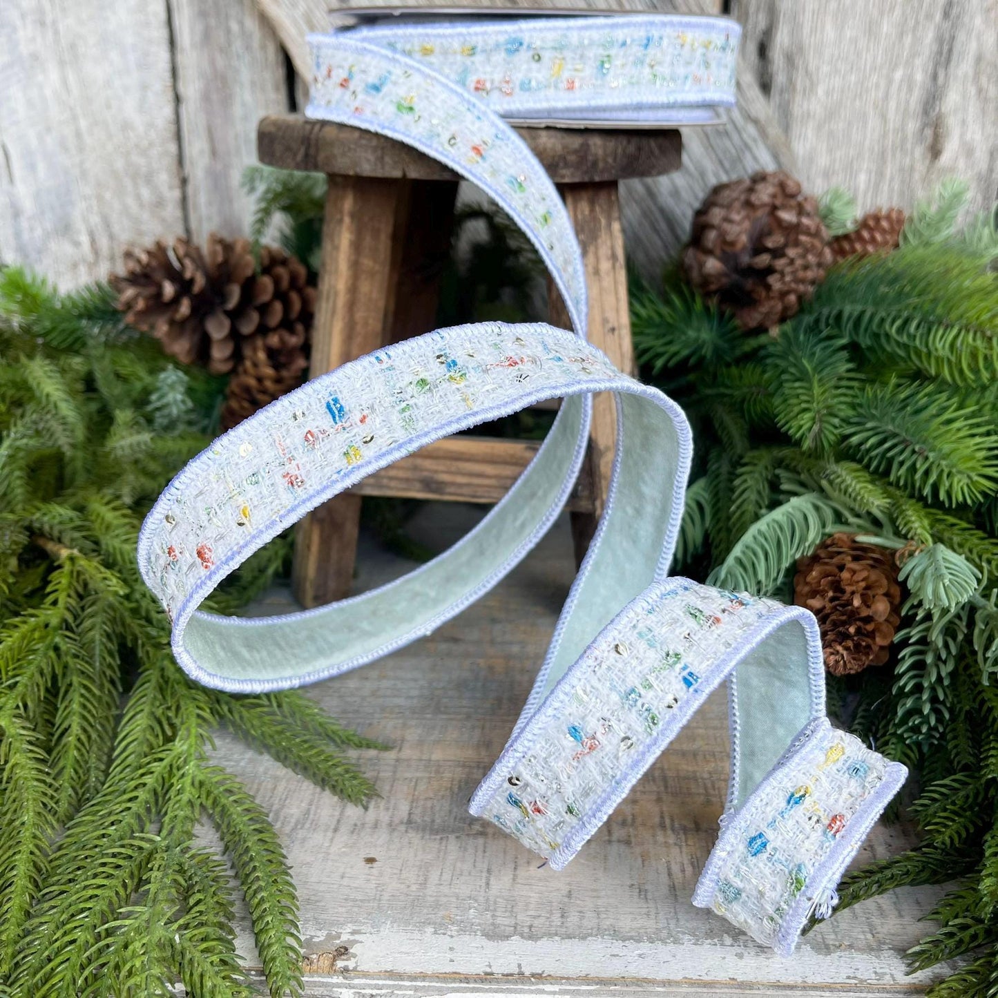 1" White Confetti Tweed Ribbon, Farrisilk Ribbon, Christmas Ribbon
