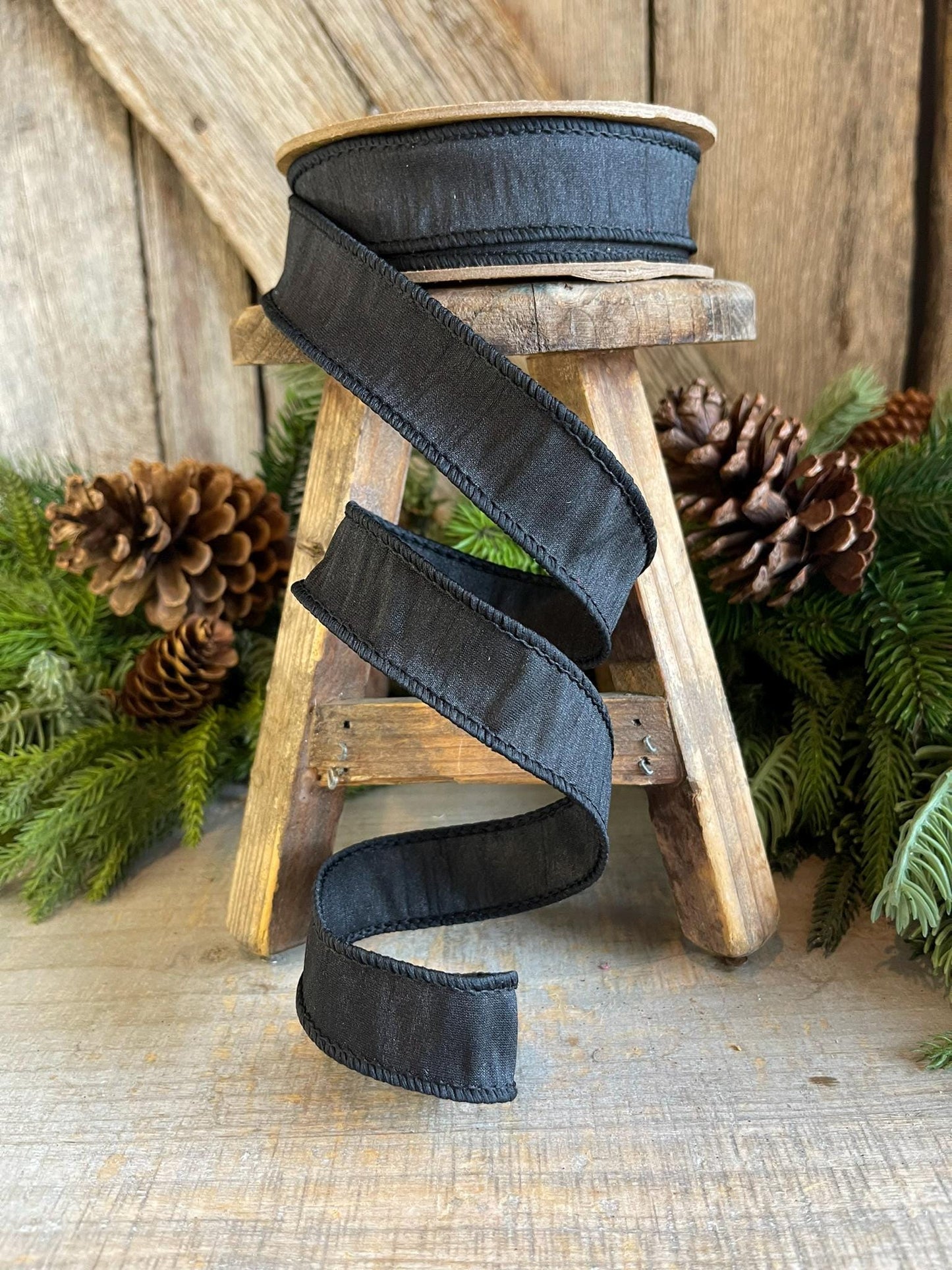 1" Black Dupioni Ribbon, Black WIred Ribbon, Fall Ribbon
