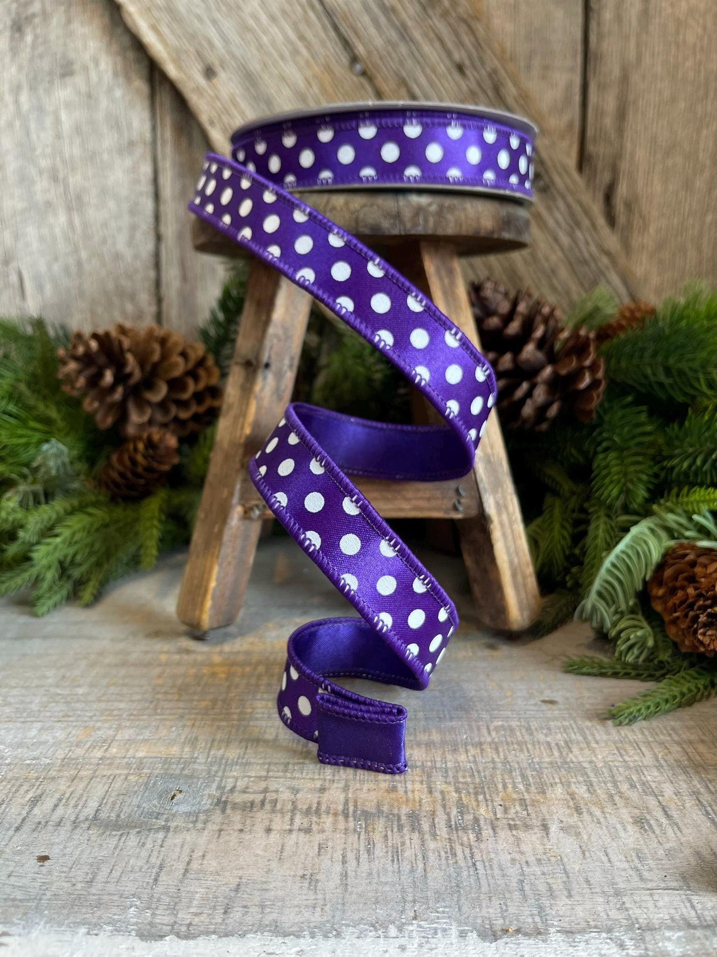 1" Purple Mini Dots, Farrisilk Ribbon, Wired Ribbon