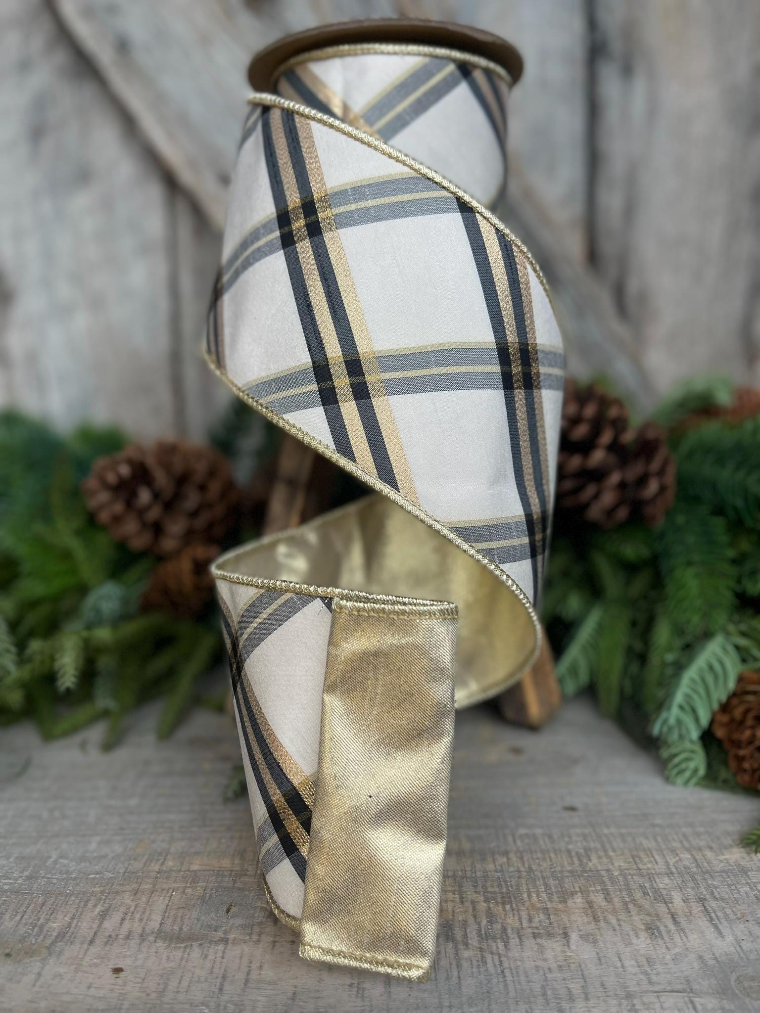 4" Ivory Black Gold Plaid Ribbon, Christmas Ribbon, Ivory Christmas Plaid