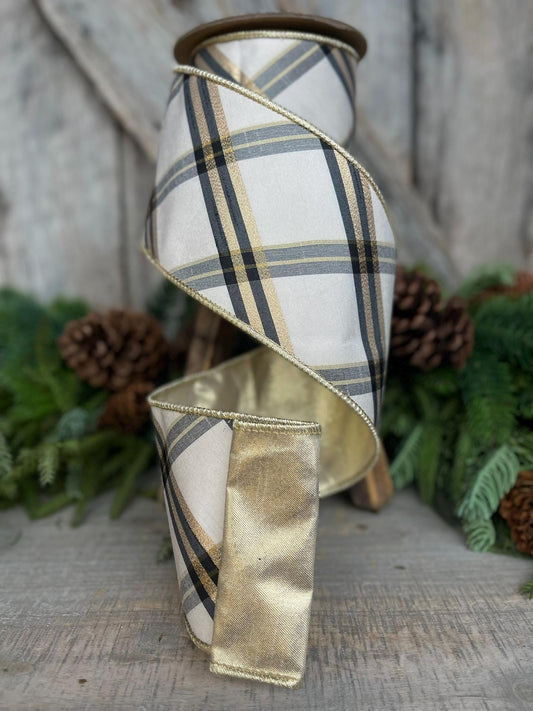 4" Ivory Black Gold Plaid Ribbon, Christmas Ribbon, Ivory Christmas Plaid