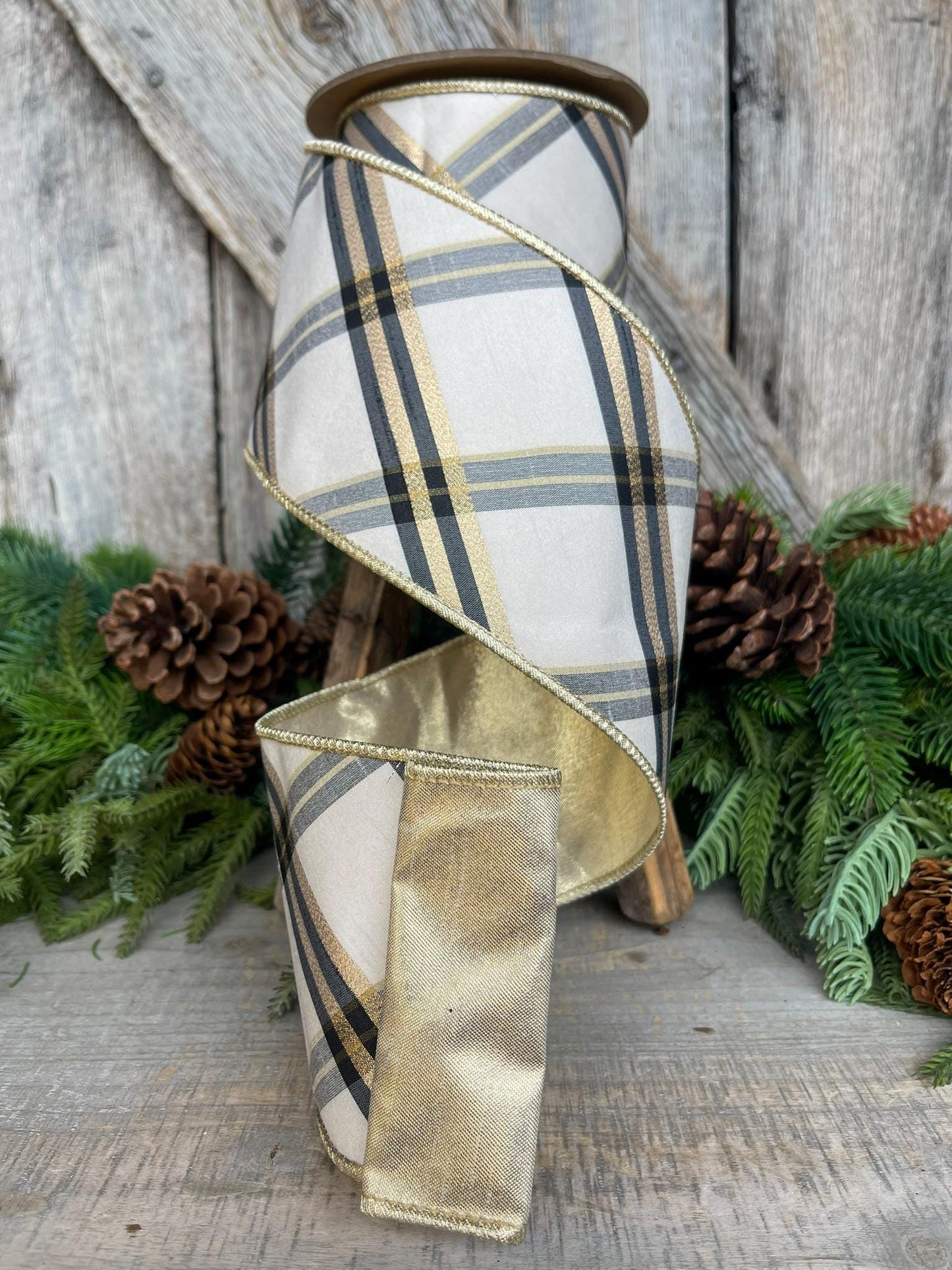 4" Ivory Black Gold Plaid Ribbon, Christmas Ribbon, Ivory Christmas Plaid