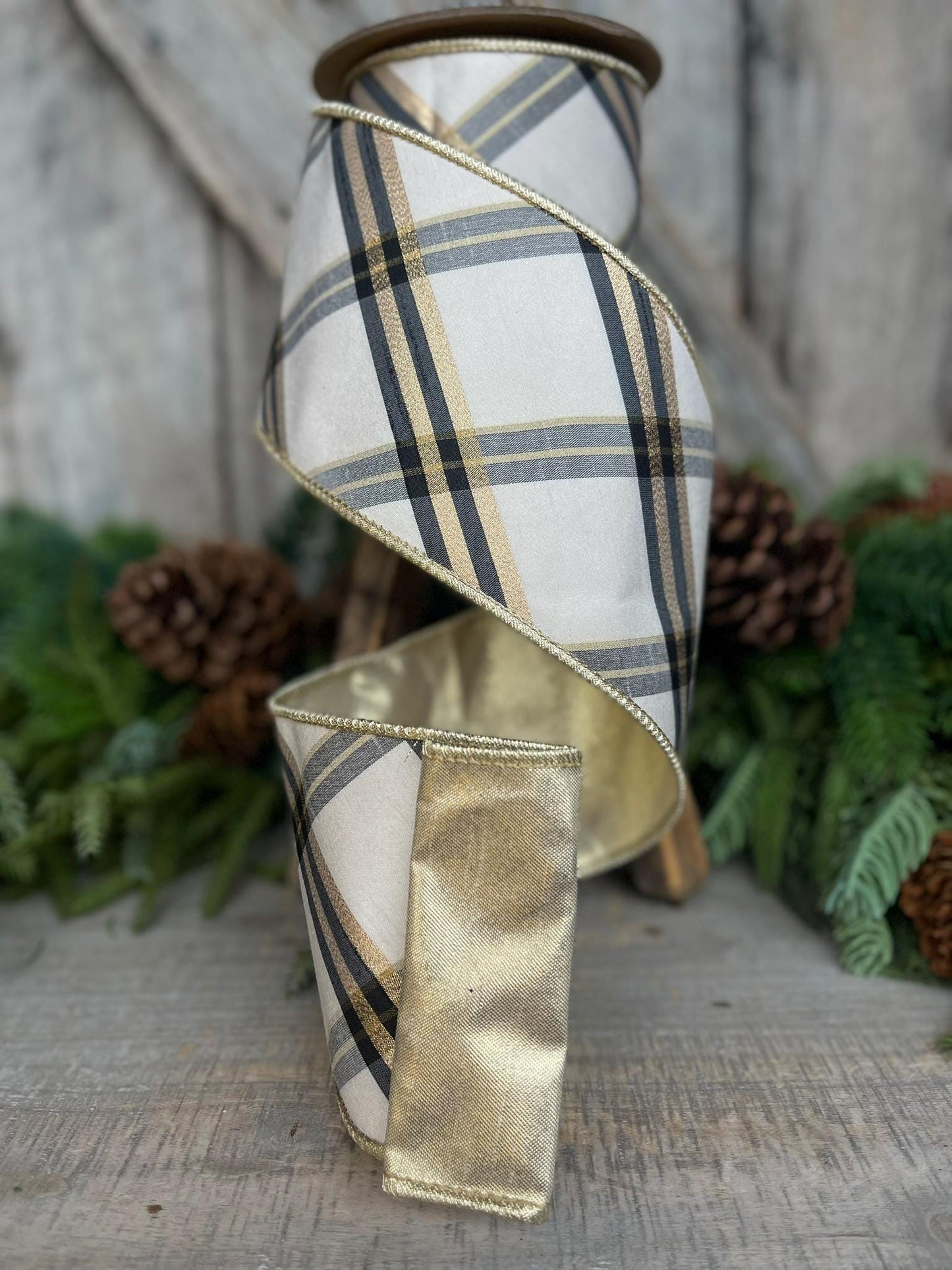 4" Ivory Black Gold Plaid Ribbon, Christmas Ribbon, Ivory Christmas Plaid