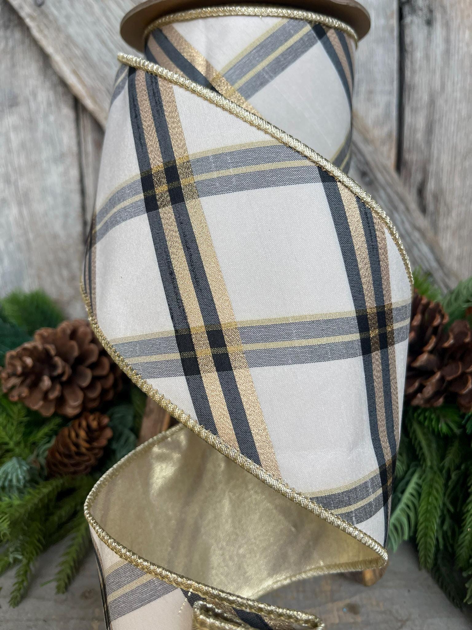 4" Ivory Black Gold Plaid Ribbon, Christmas Ribbon, Ivory Christmas Plaid