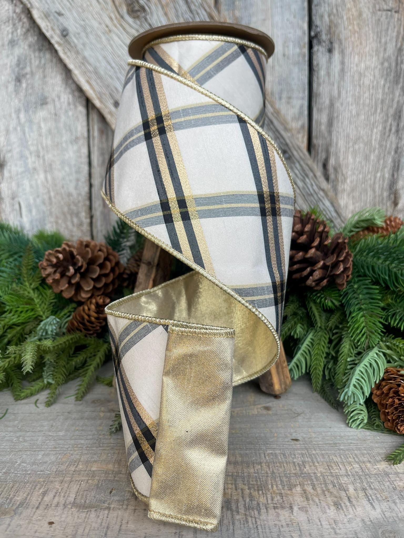 4" Ivory Black Gold Plaid Ribbon, Christmas Ribbon, Ivory Christmas Plaid