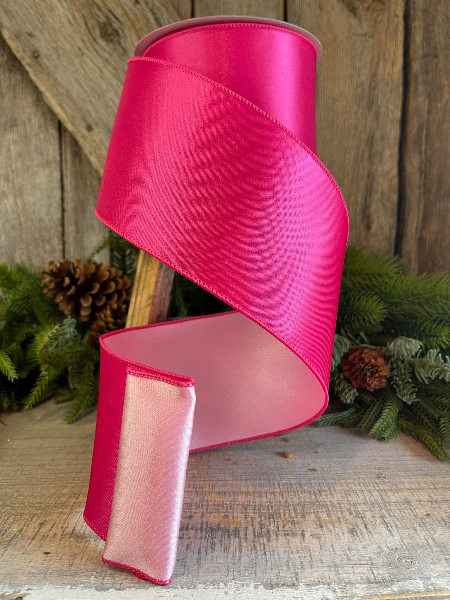 4" Hot Pink Light Pink Wired Satin Ribbon, Farrisilk Ribbon, Duo Satin Ribbon