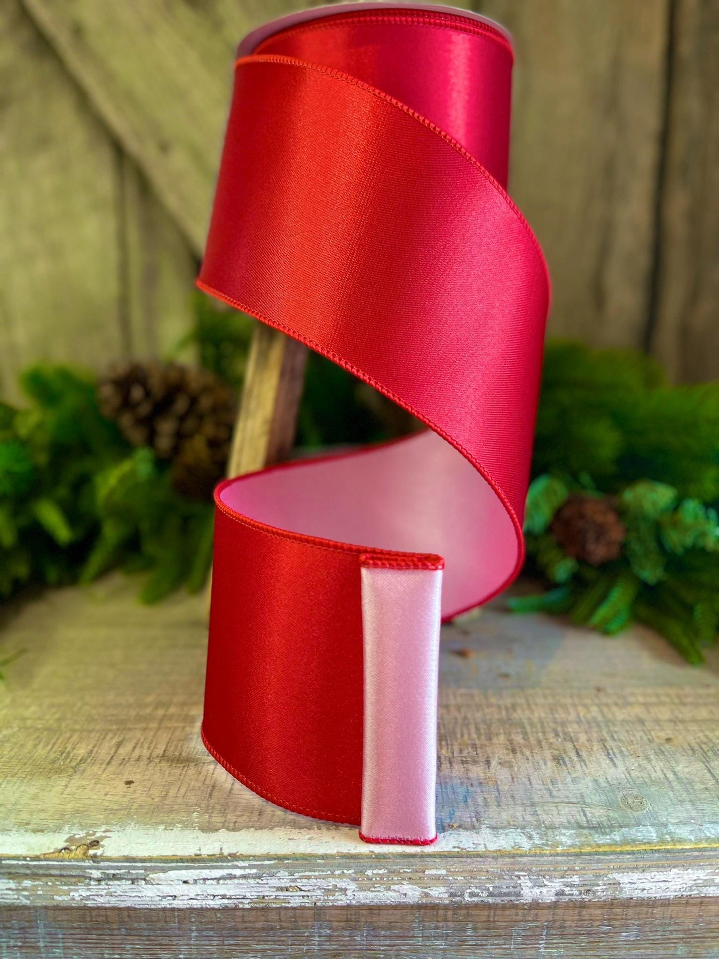 4 Red Pink Satin Duo Ribbon, Farrisilk Ribbon, Christmas Ribbon