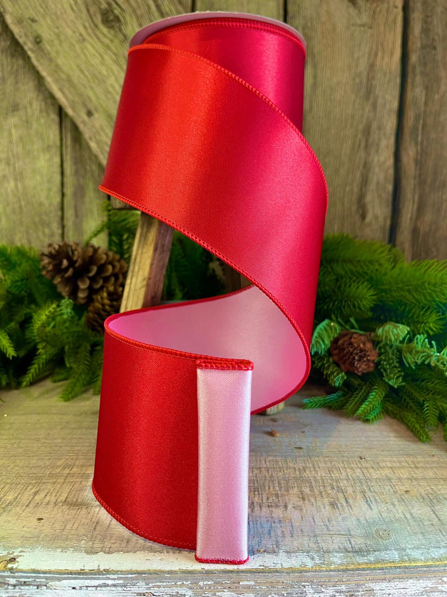 4 Red Pink Satin Duo Ribbon, Farrisilk Ribbon, Christmas Ribbon