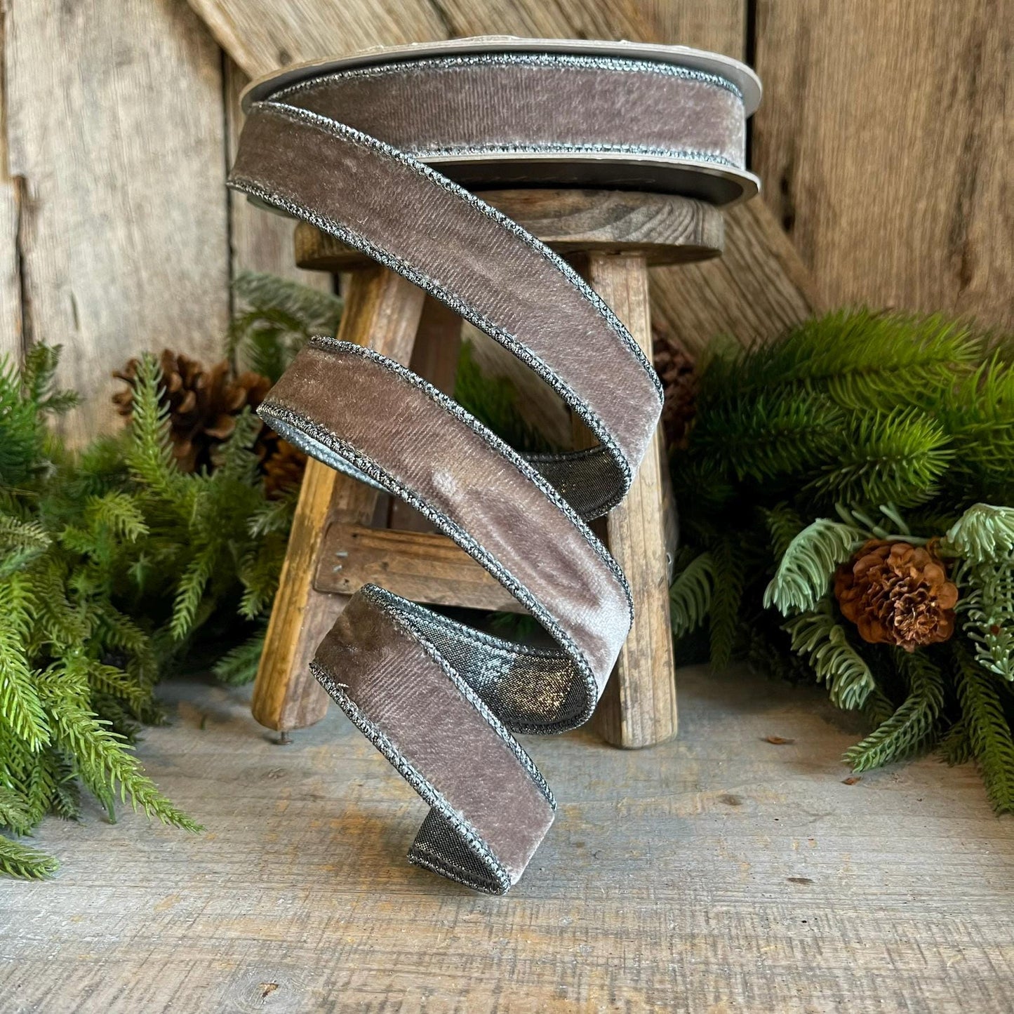 1" Gray Velvet Wired Ribbon, Steel Gray Ribbon
